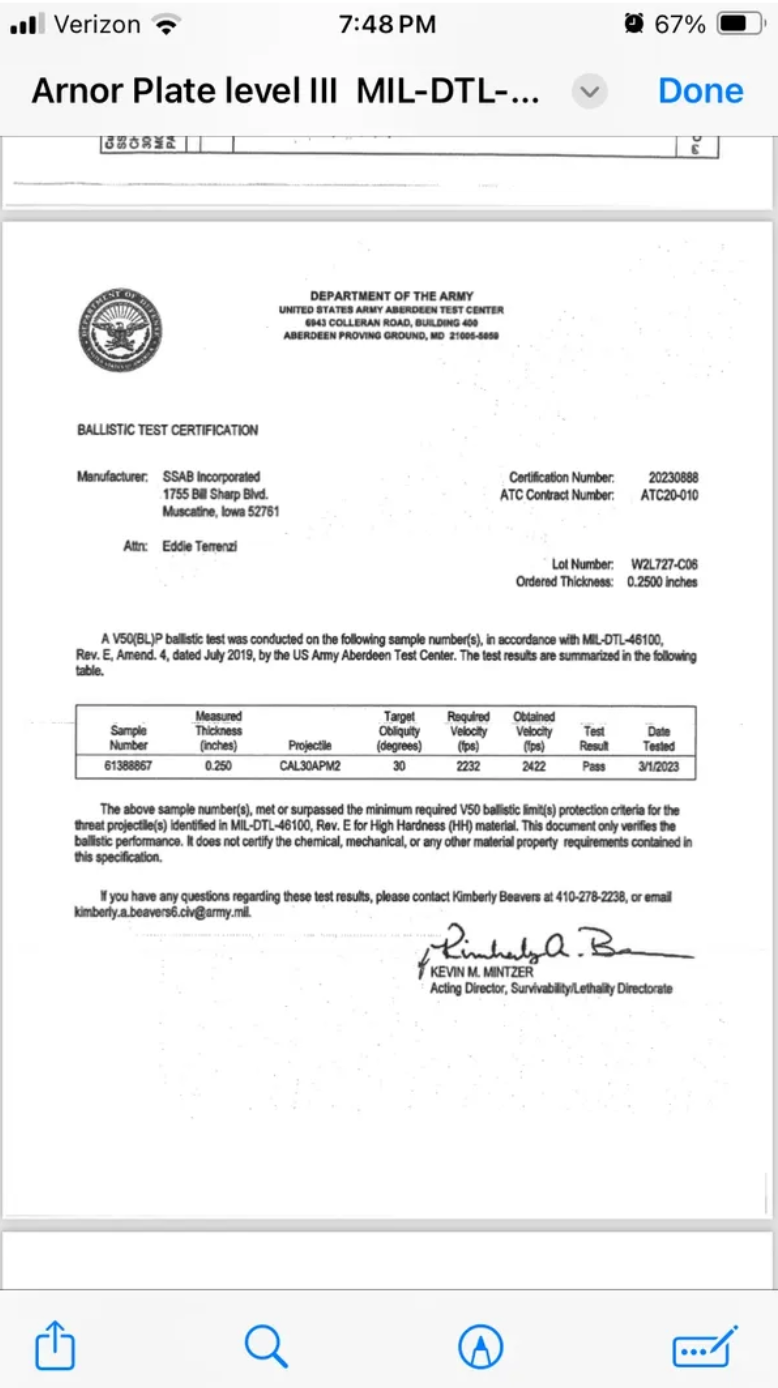 NIJ Level III+ Plates, Set of 2 Curved Shooter cut. Mil-A-46100 Cert
